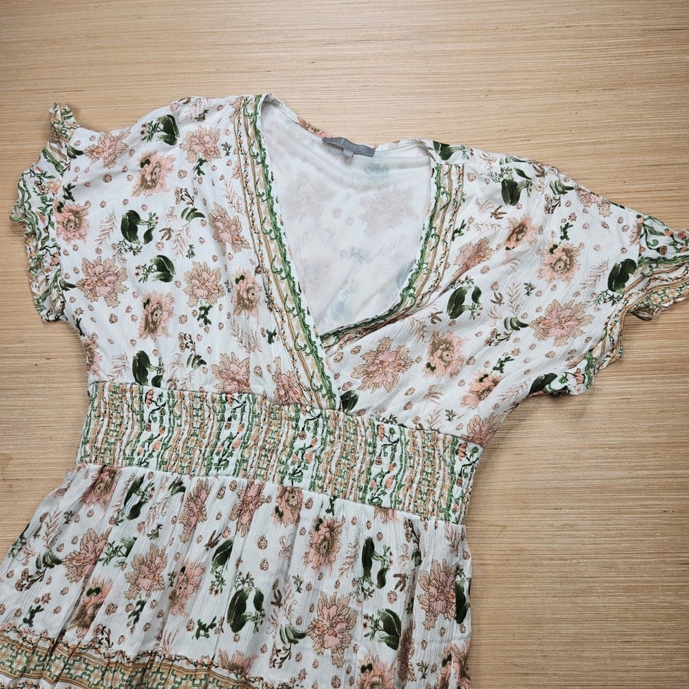 Boho Cottagecore Floral Maxi Dress Women XL White Pink Smocked Waist Summe Rayon